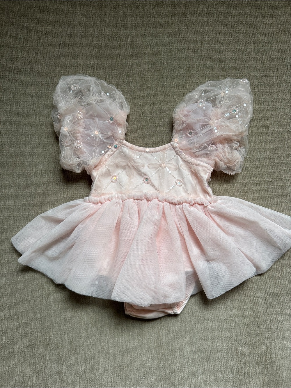 Pale Pink Tulle Puff-Sleeve Dress Bodysuit for Kids